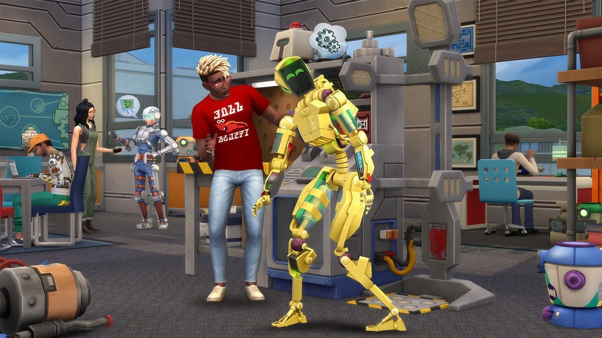 Sims building a robot in a university lab in The Sims 4 Discover University