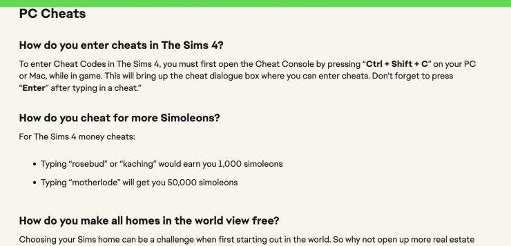 EA support page explaining that Ctrl Shift C opens the Sims 4 cheat console and listing the money cheats