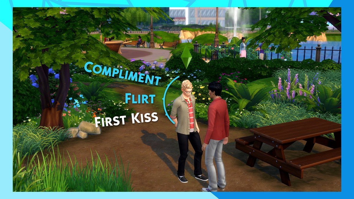 Two Sims in a park with Compliment, Flirt and First Kiss social options in The Sims 4