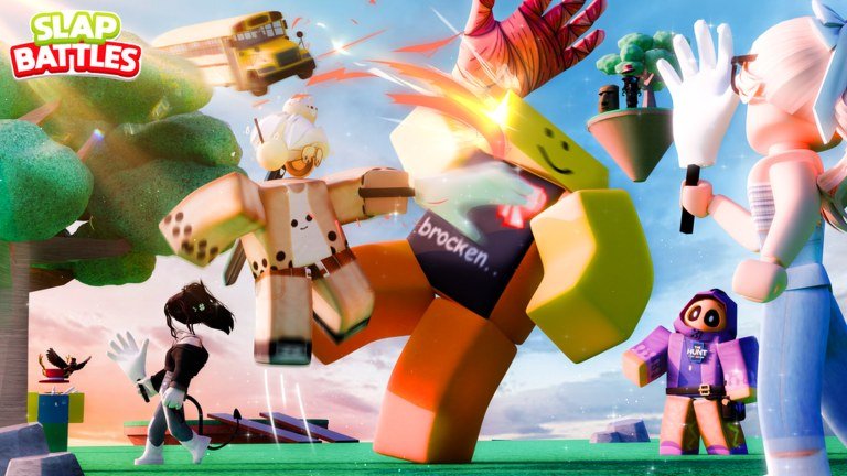 Roblox avatars trading slaps with glowing gloves above a grassy Slap Battles arena