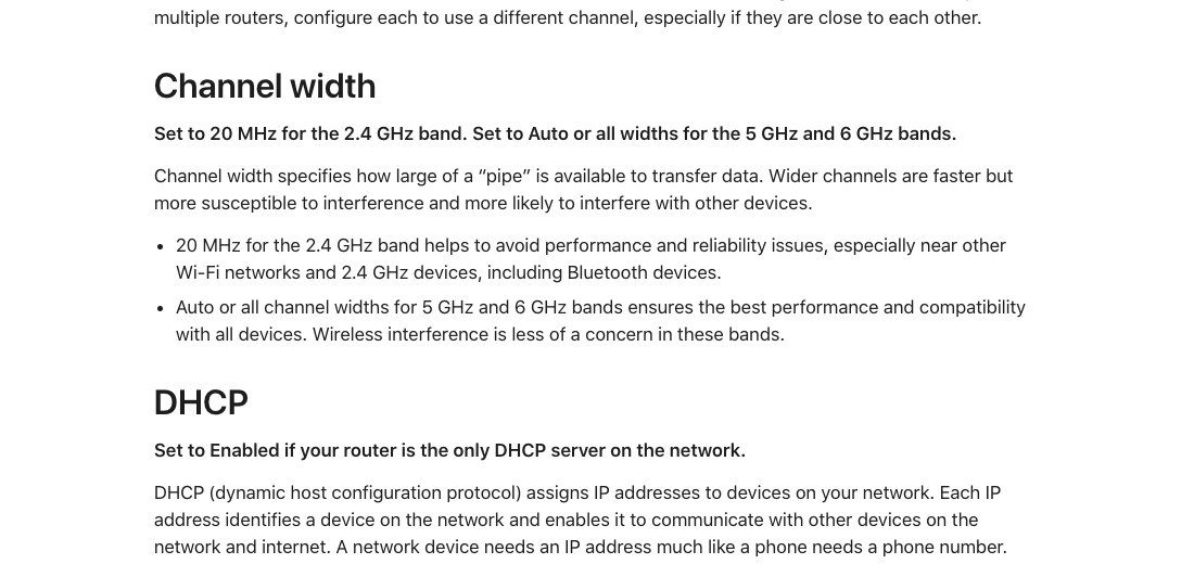 Apple router settings guidance for channel width: 20 MHz on 2.4 GHz and Auto on 5 and 6 GHz