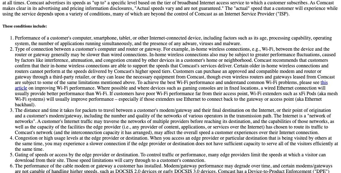 Comcast network management text explaining that in-home Wi-Fi may be slower than wired connections