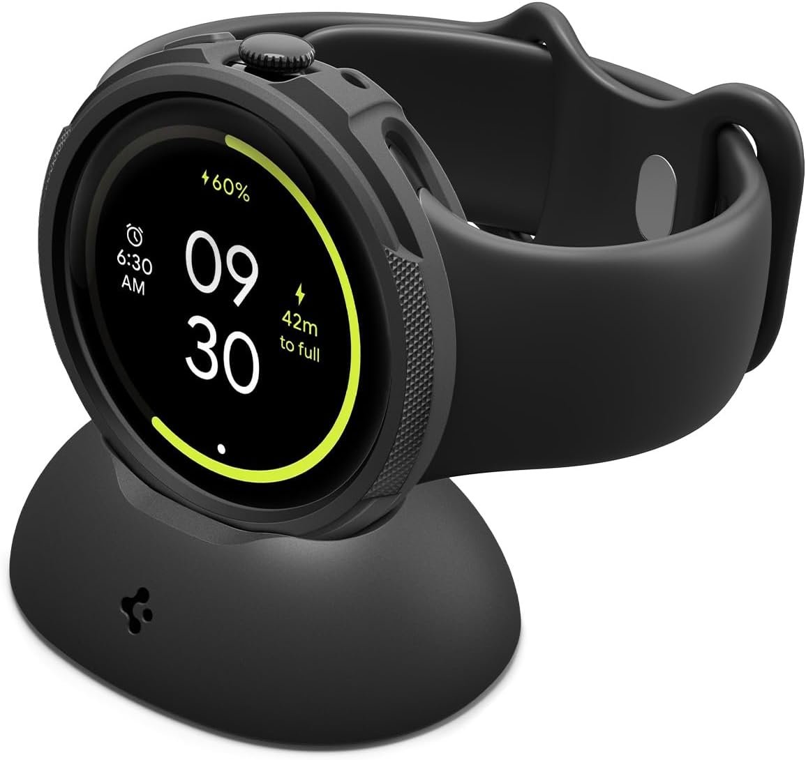 Spigen TPU case with the included charger stand for the 41mm Google Pixel Watch 4