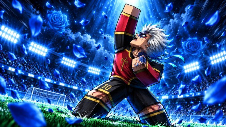 White-haired striker standing alone on a blue-lit pitch