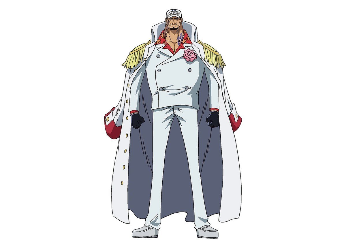 Anime concept art of Fleet Admiral Akainu in his white suit and epaulettes
