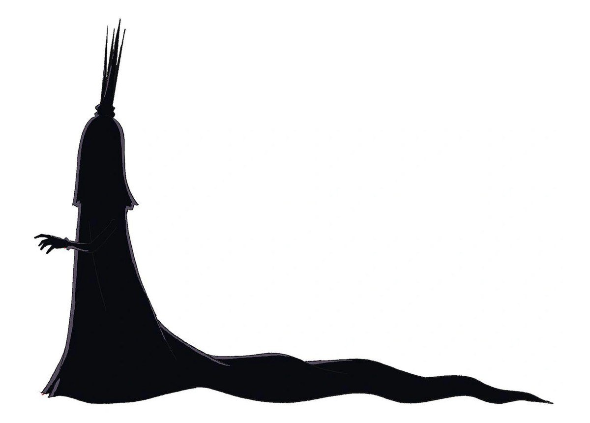 Anime concept art silhouette of Imu, a tall shadowy figure with spiked crown points