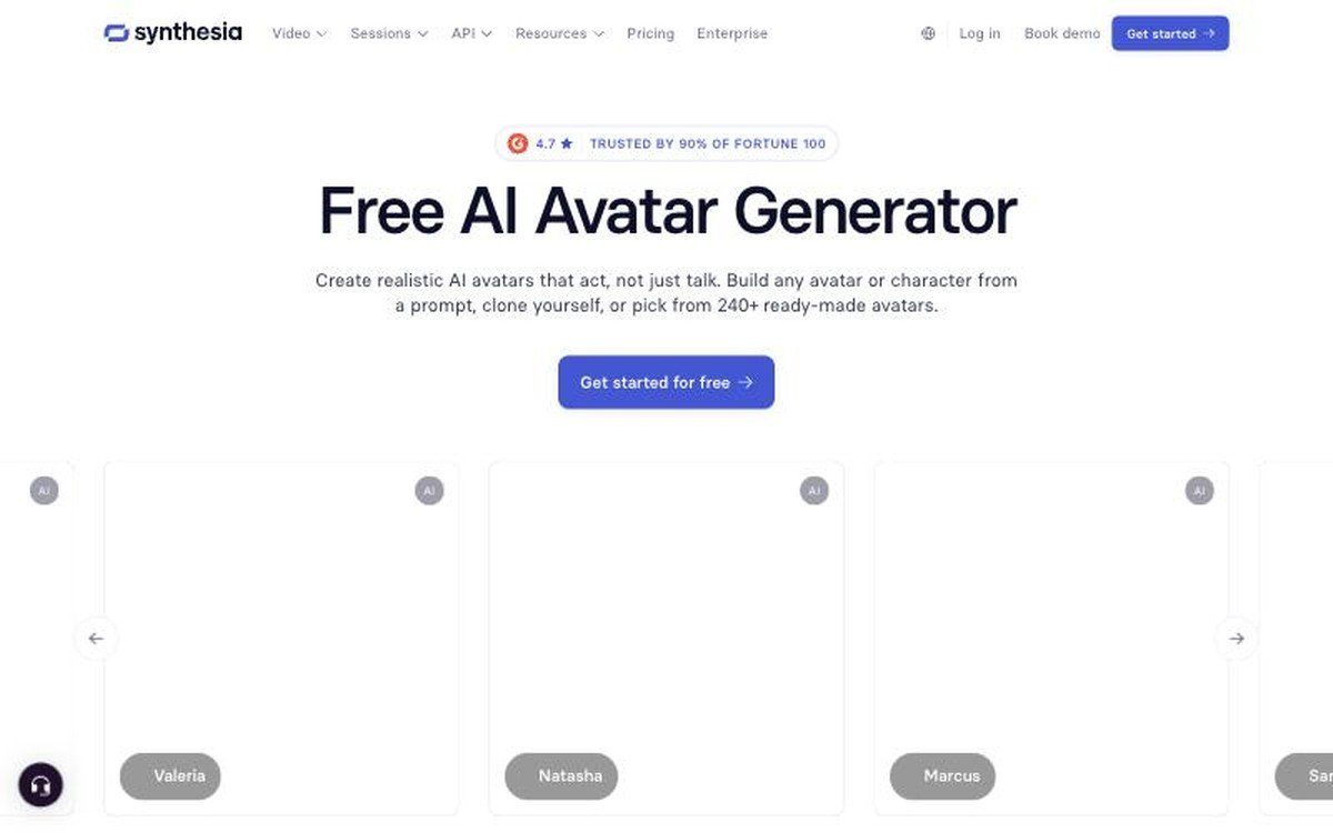 Synthesia AI avatar generator page showing a row of ready-made presenter avatars
