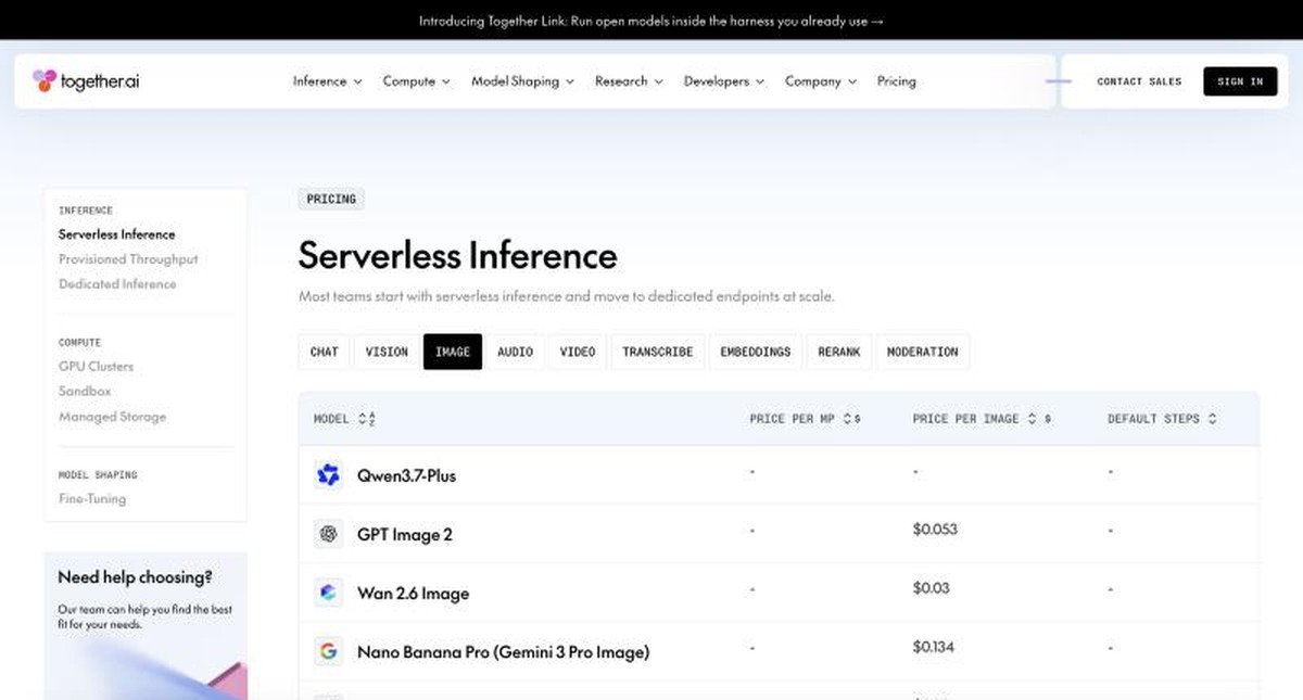 Together AI serverless inference pricing showing per-image costs for GPT Image 2 and Nano Banana Pro