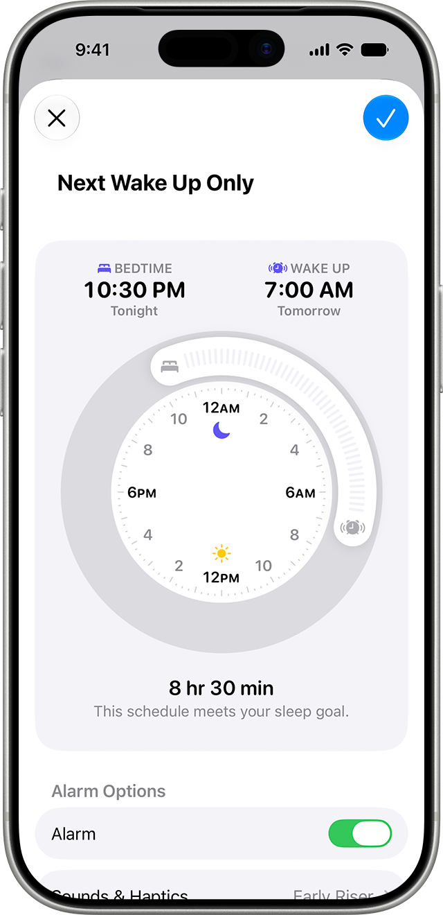 Next Wake Up Only screen in the Health app showing a bedtime and wake up time for one night