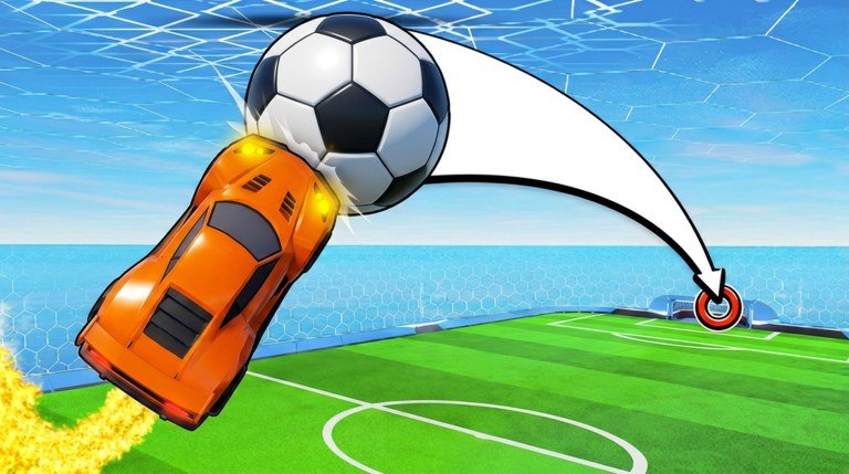 Orange car striking a soccer ball in mid-air toward the goal in Turbo Soccer on Roblox
