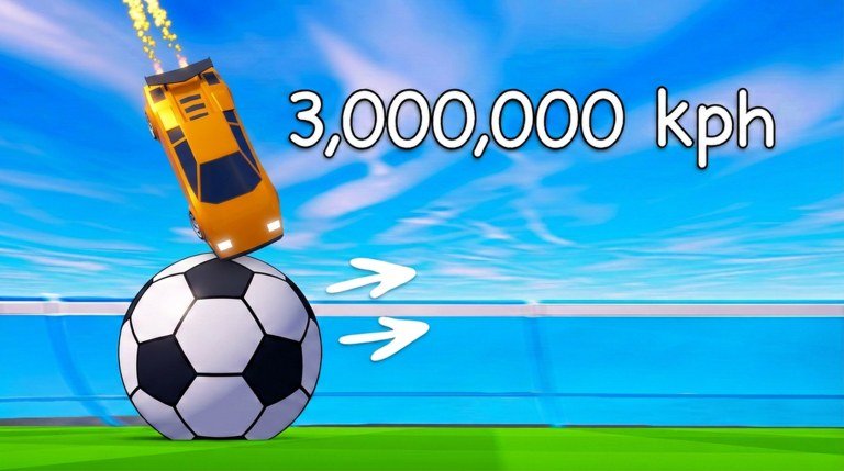 Turbo Soccer car diving onto a soccer ball with a 3,000,000 kph caption on Roblox