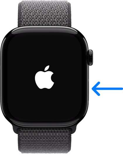 Apple Watch on a wrist showing the Apple logo after the side button is held down