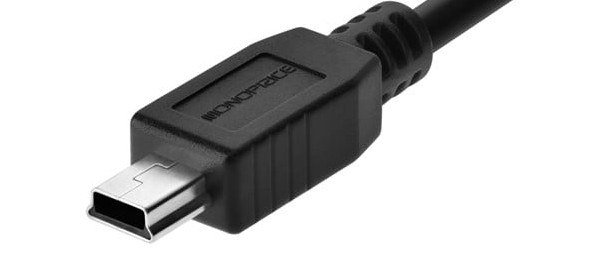 Black Mini-B USB plug with a small silver connector tip
