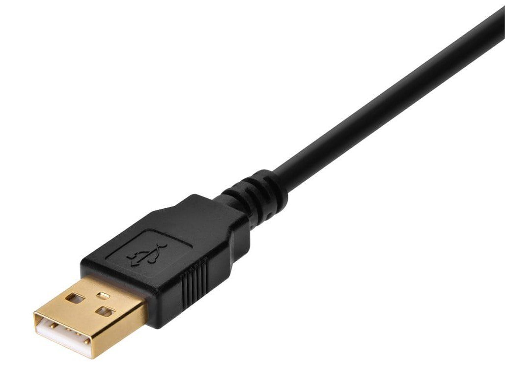 Gold-plated USB Type-A plug on a black cable