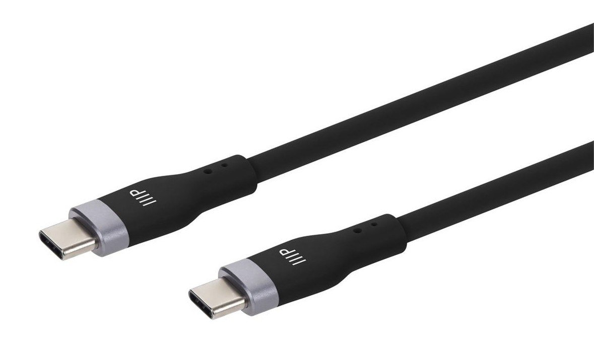 Two USB-C plugs with gray collars on a black USB-C to USB-C cable