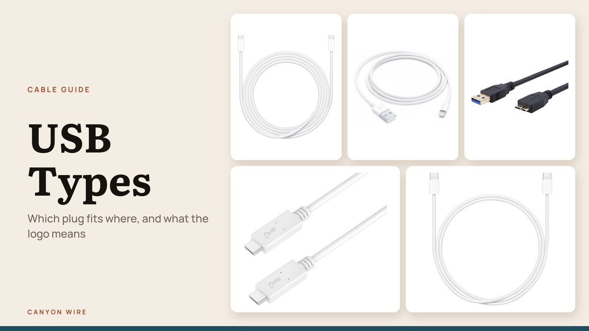 Apple and Monoprice cables with USB-C, Lightning, USB-A and USB 3.0 Micro-B plugs beside the USB Types headline