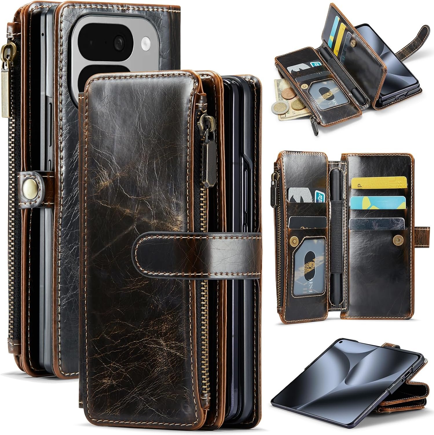 UWQAP PU leather zipper wallet case for Google Pixel 10 Pro Fold with card slots and wrist strap