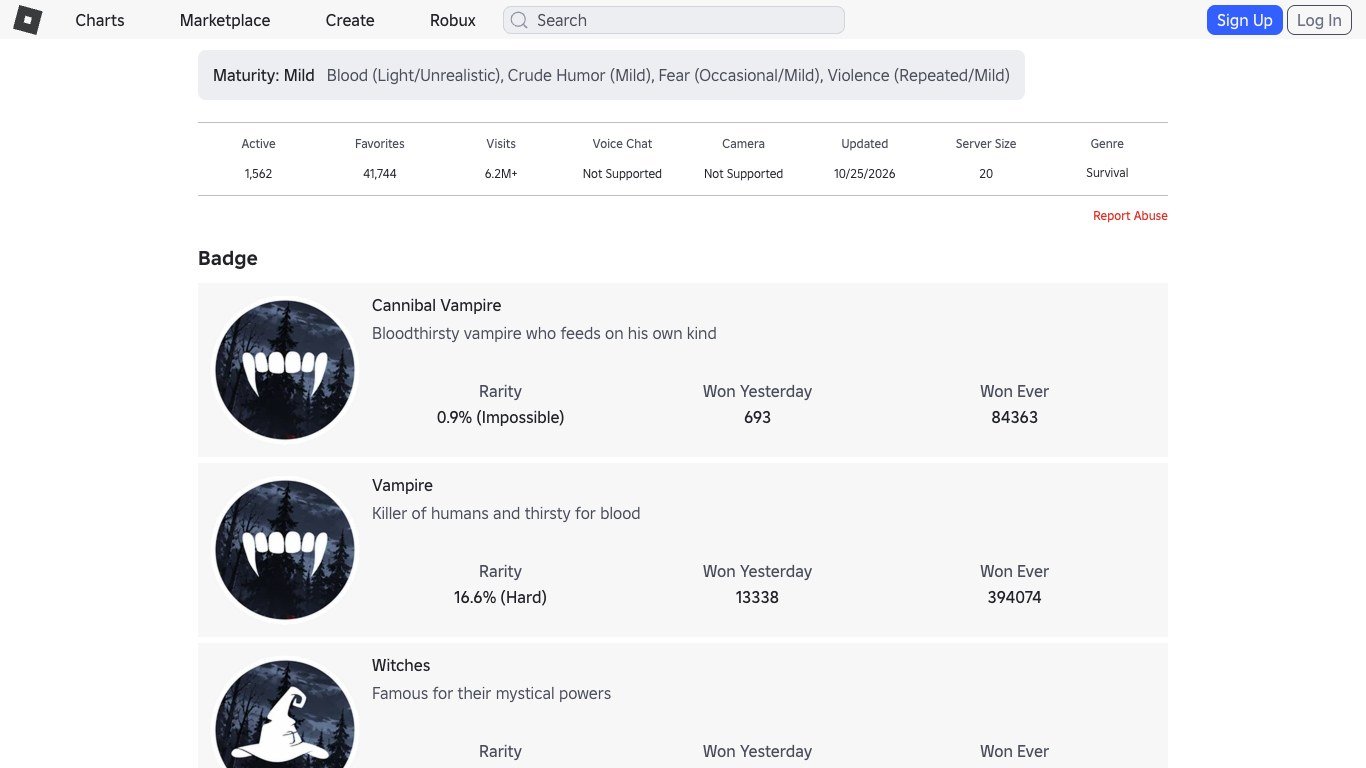 Vampire Life badge list on Roblox with the Cannibal Vampire and Witches badges