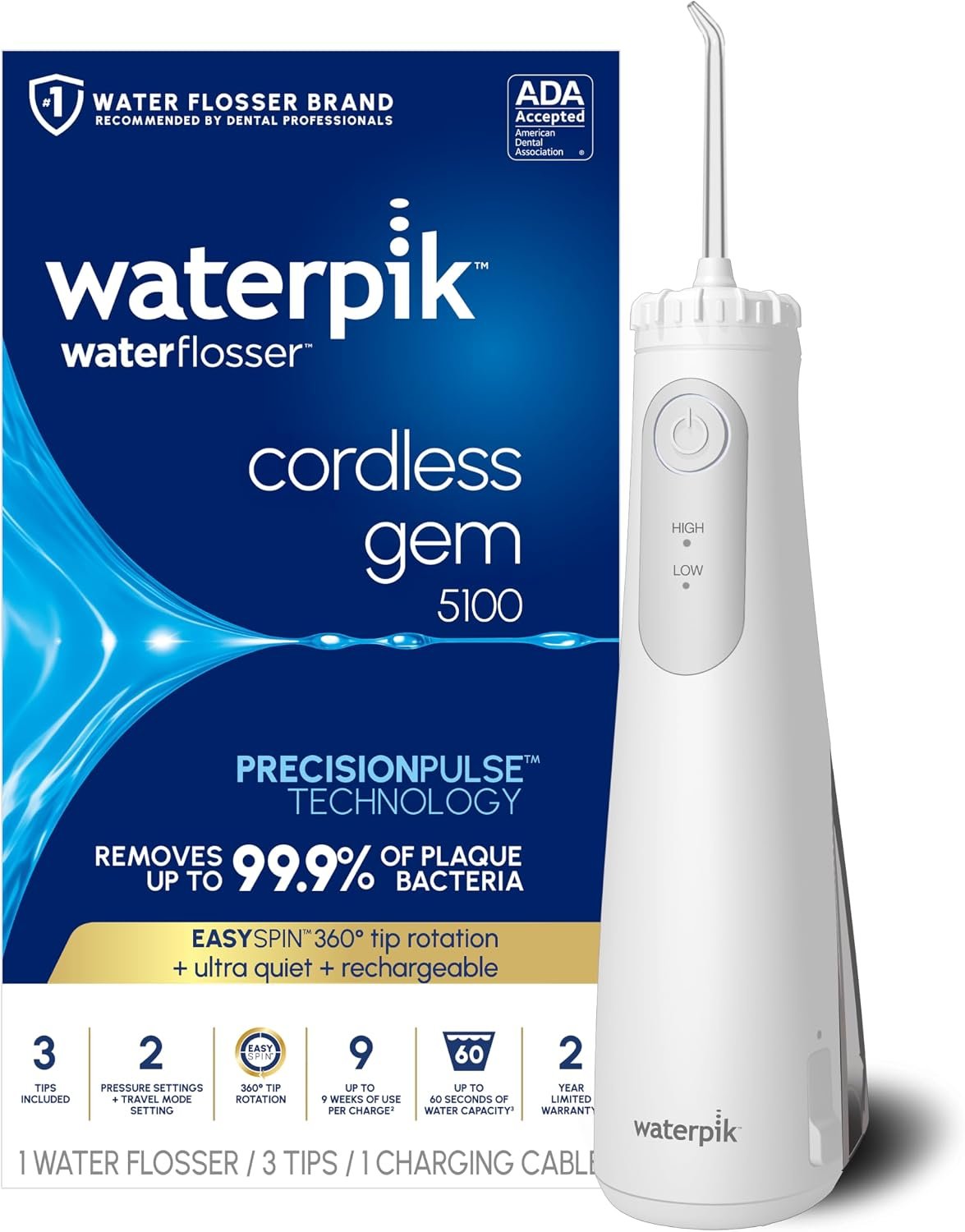 Waterpik Cordless Gem 5100 portable rechargeable water flosser in white