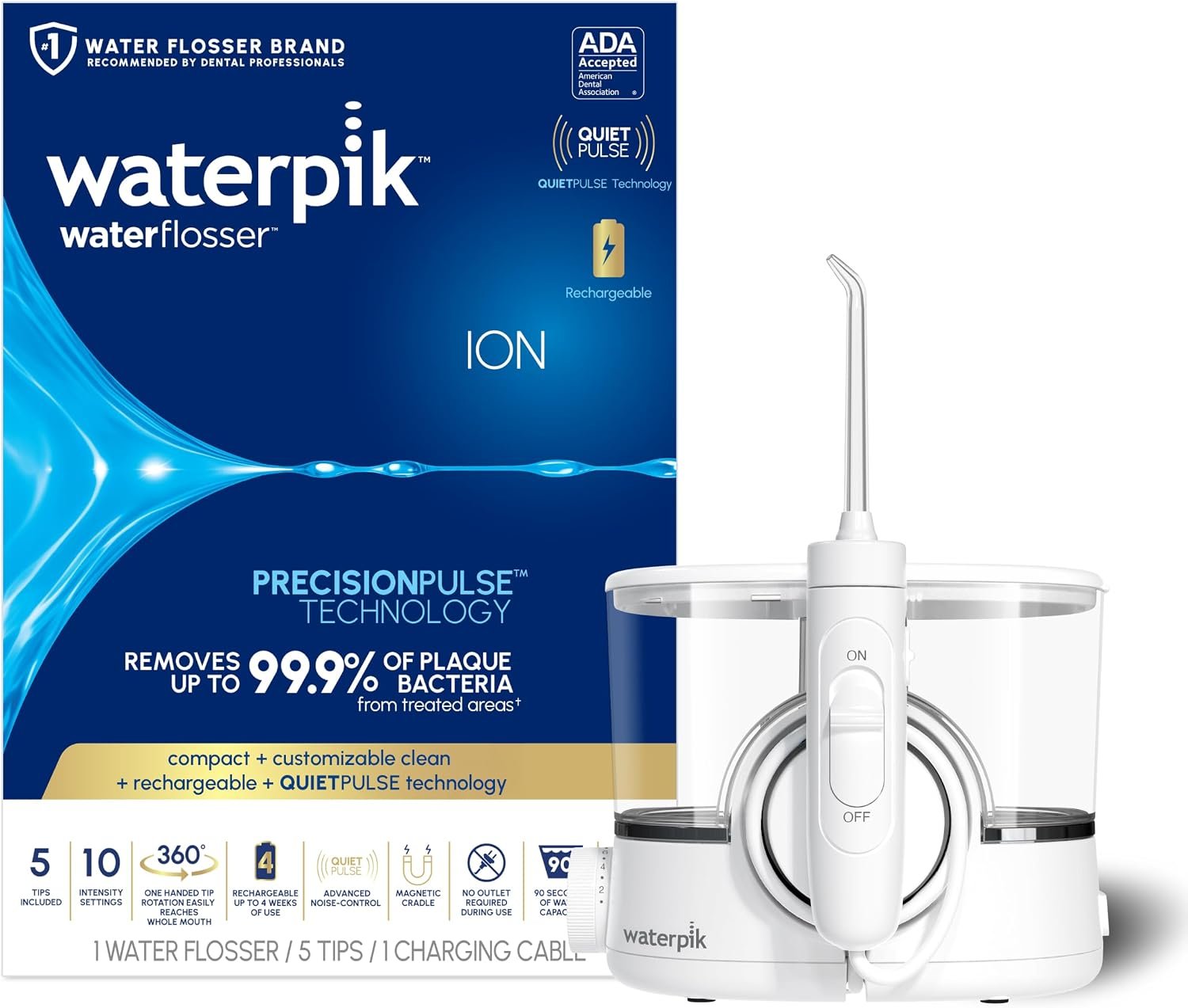 Waterpik ION rechargeable water flosser in white with five specialty tips