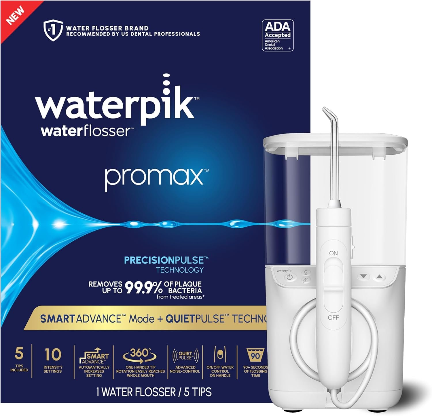 Waterpik Promax countertop water flosser with SmartAdvance mode and five tips