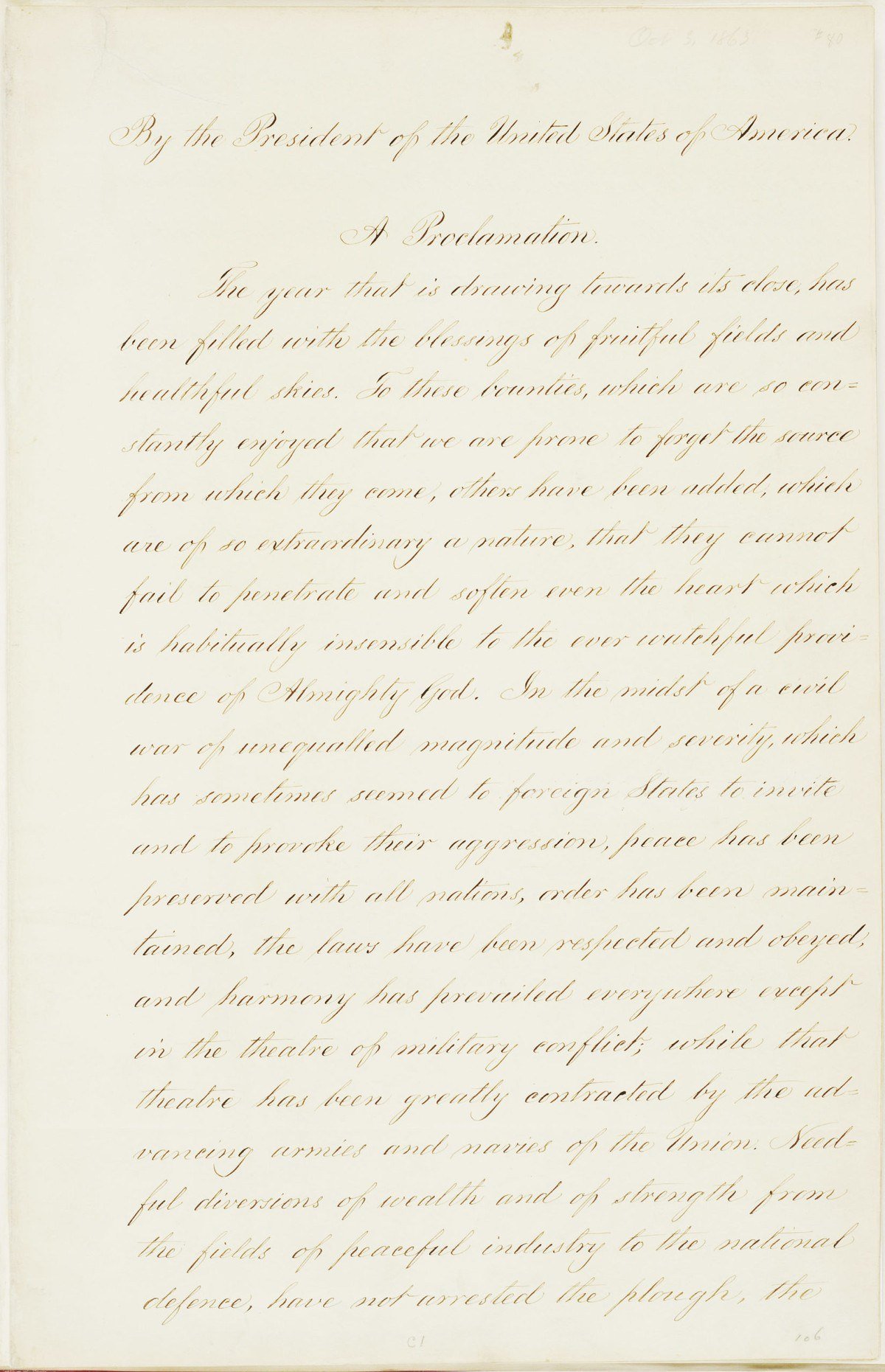 First page of Abraham Lincoln's October 3, 1863 Thanksgiving Proclamation in clerk's script