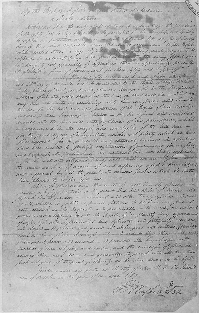 George Washington's handwritten Thanksgiving Proclamation of October 3, 1789, naming Thursday, November 26