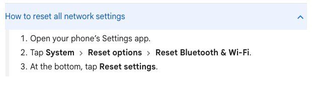 Google Pixel help steps to reset Bluetooth and Wi-Fi under System, Reset options