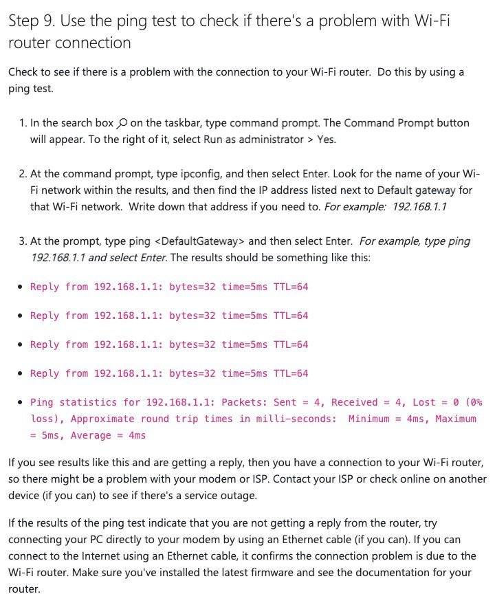 Microsoft support steps for finding the default gateway with ipconfig and testing it with ping, with four sample replies from 192.168.1.1