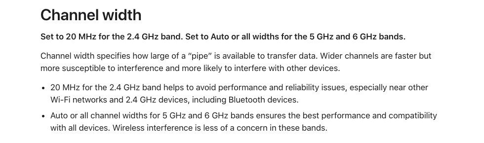 Apple router guidance on channel width, recommending 20 MHz on 2.4 GHz and Auto on 5 GHz and 6 GHz