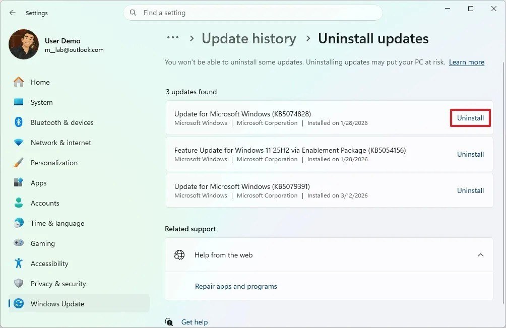 Windows 11 Update history Uninstall updates page listing three installed updates, each with an Uninstall button