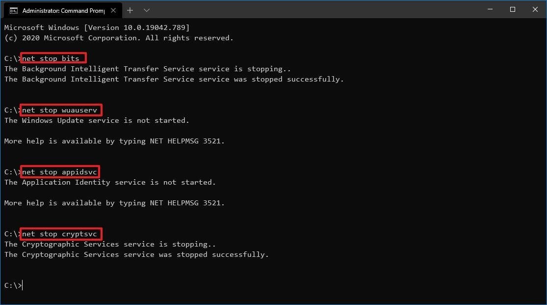 Windows 10 administrator terminal running net stop bits, wuauserv, appidsvc and cryptsvc, with a not started message for two services