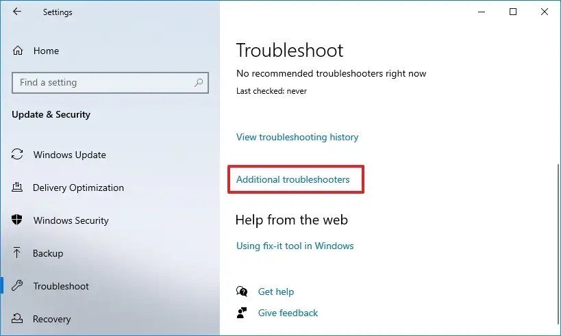 Windows 10 Settings Troubleshoot page under Update & Security with the Additional troubleshooters link outlined in red