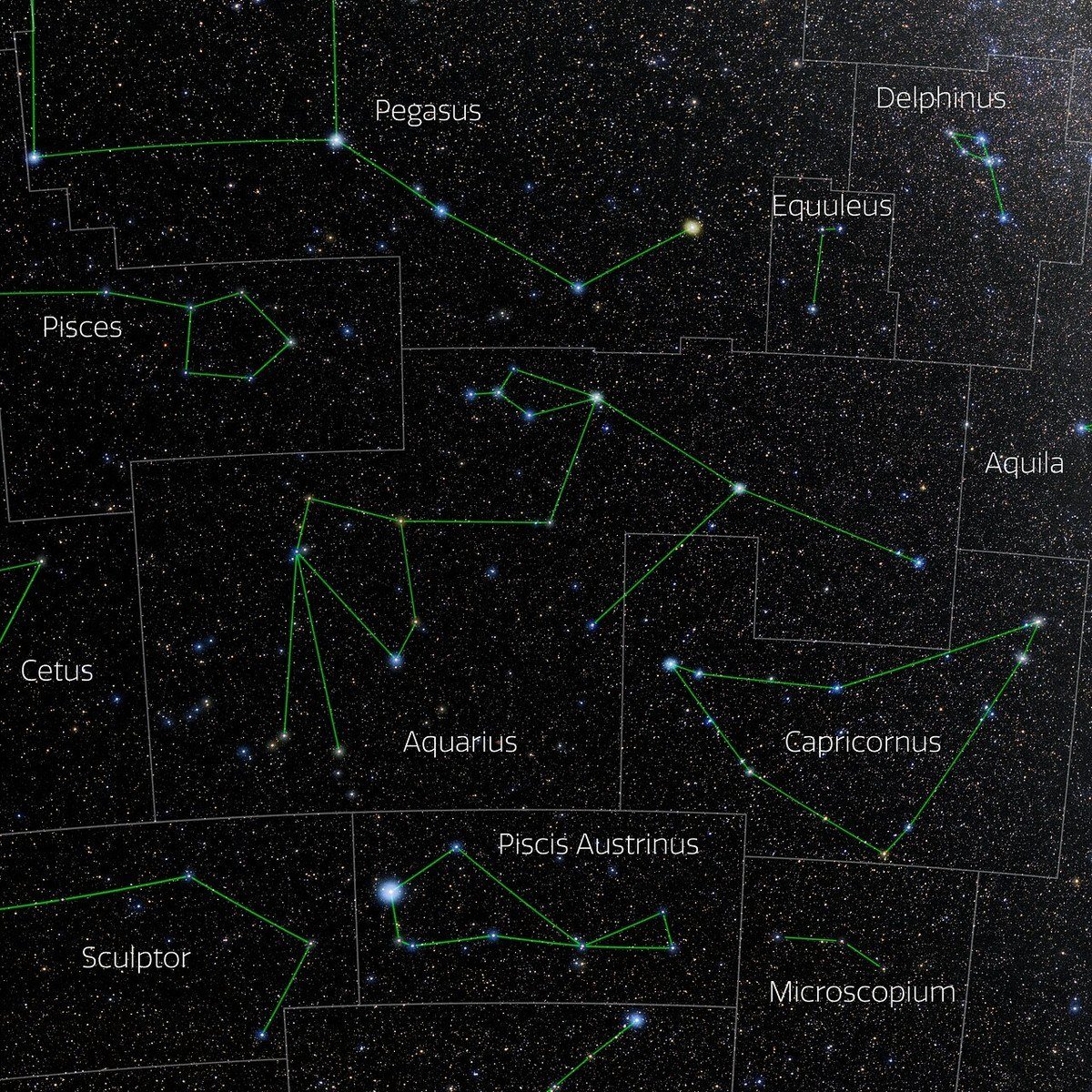 Night sky photo of Aquarius next to Capricornus and Pisces