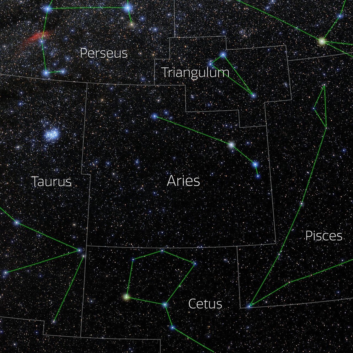 Night sky photo with the constellation Aries outlined between Taurus and Pisces