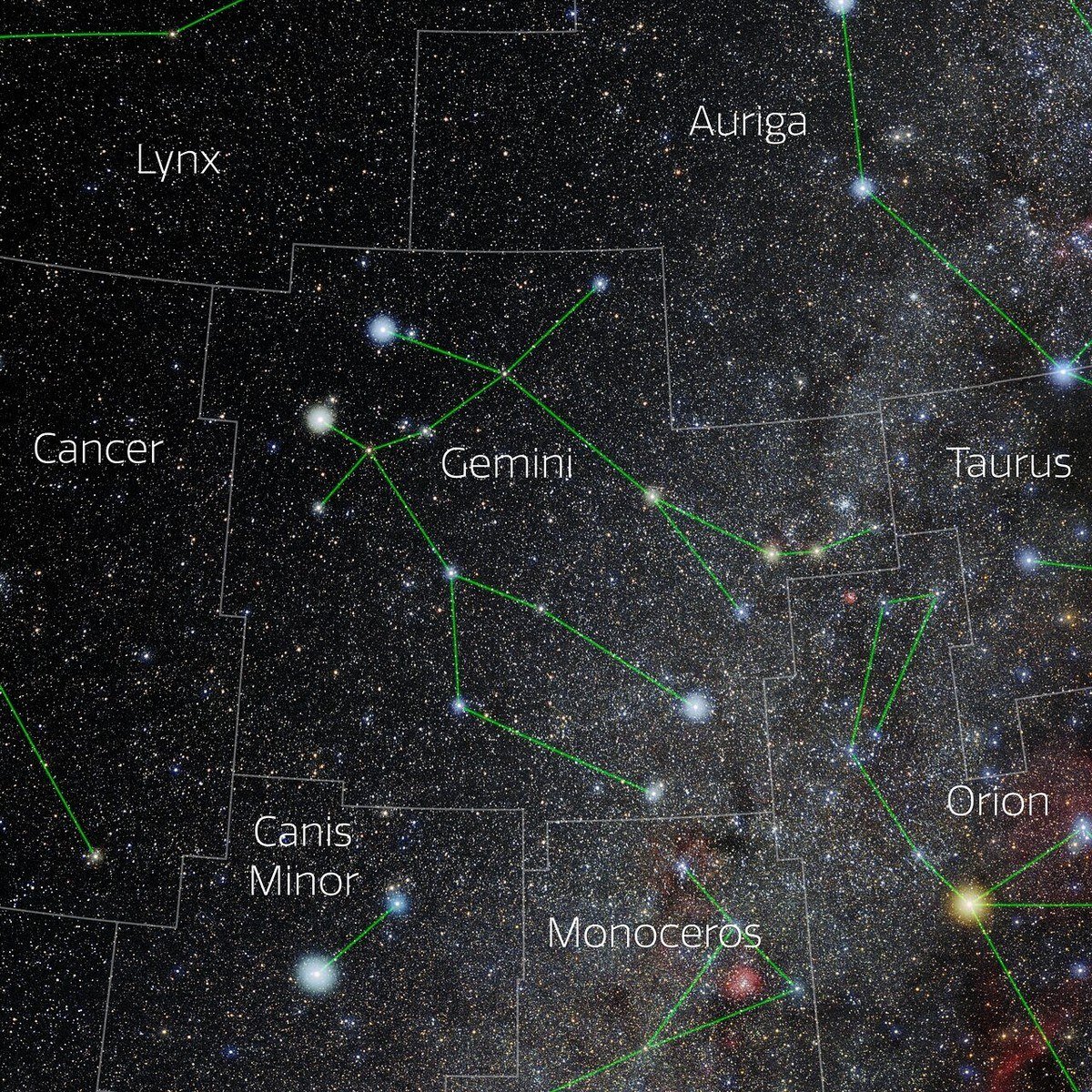 Night sky photo of Gemini with its two bright stars Castor and Pollux