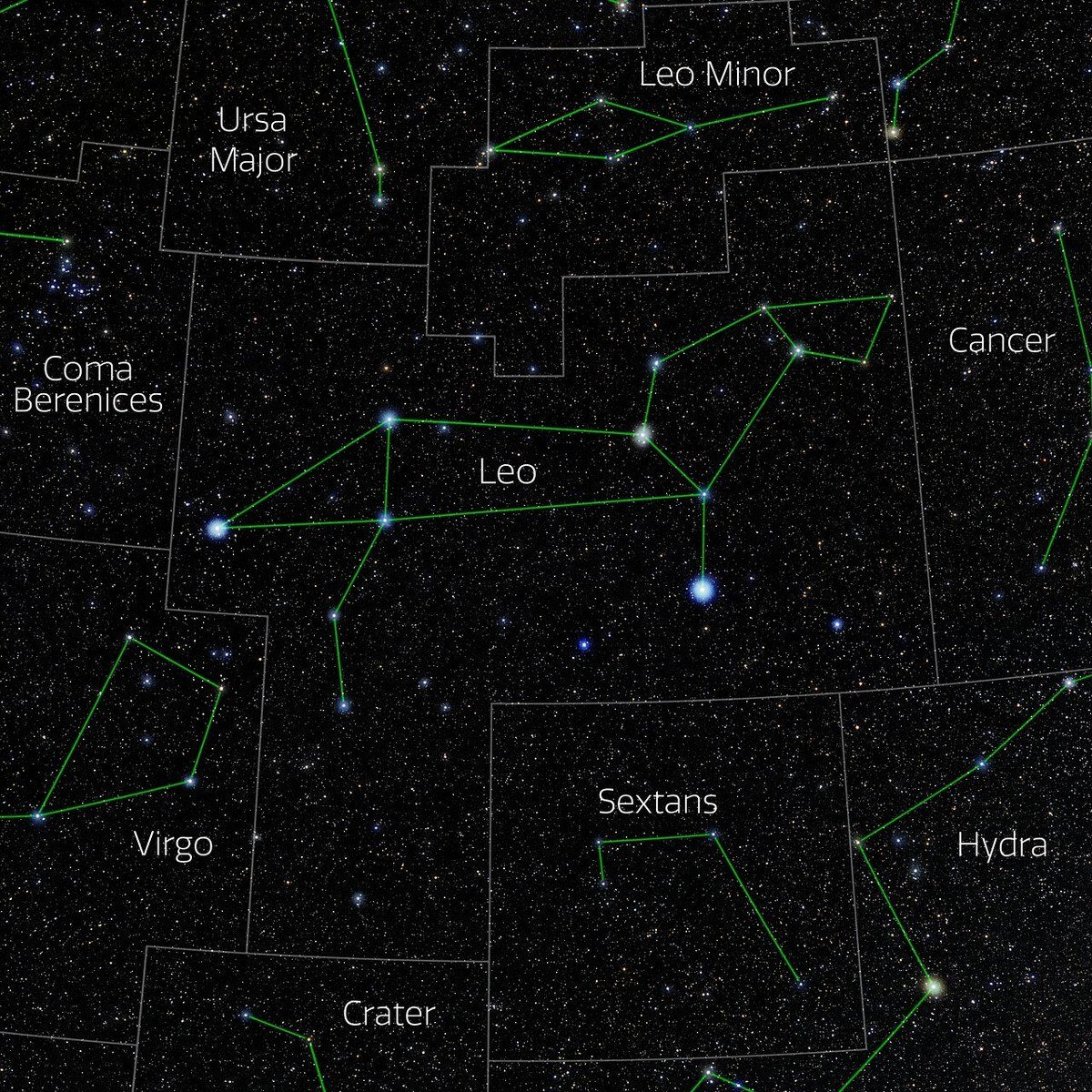 Night sky photo of Leo showing its sickle of stars and bright Regulus