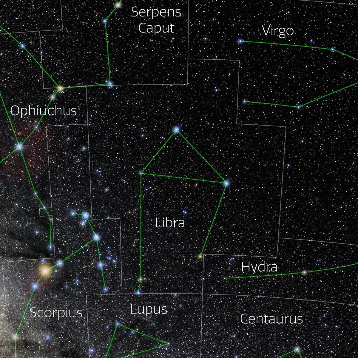 Night sky photo of Libra between Virgo and Scorpius