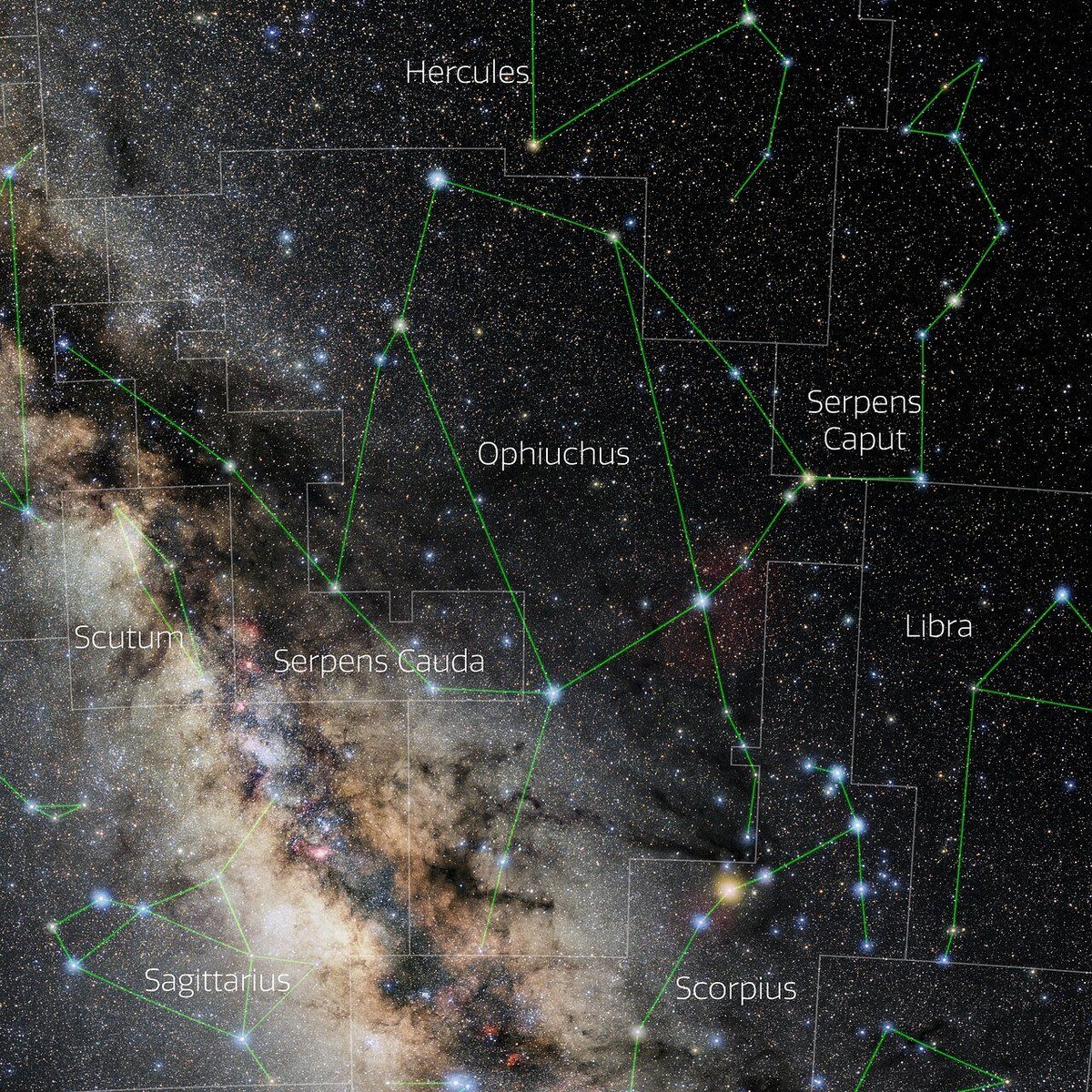 Night sky photo of Ophiuchus above Scorpius and Sagittarius