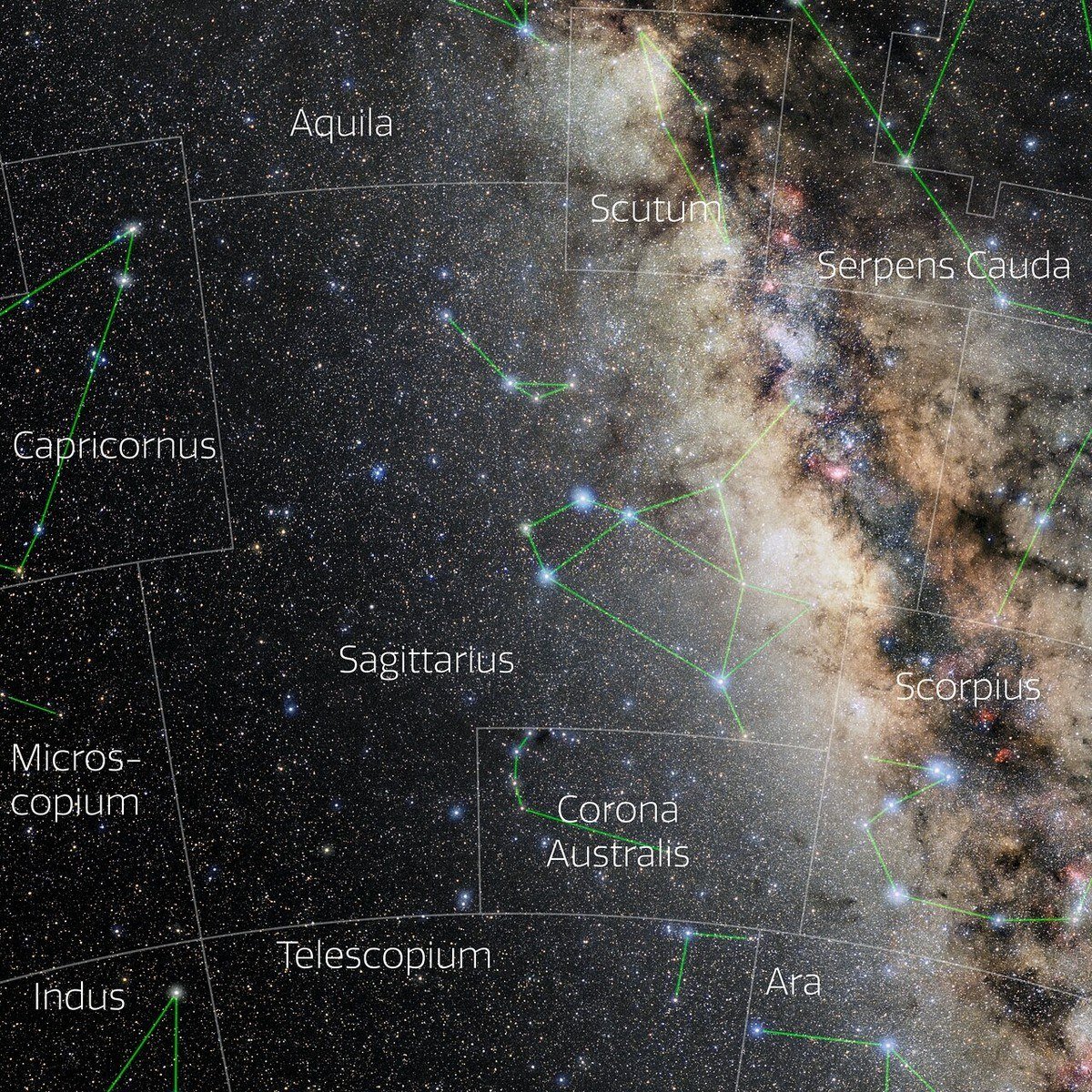 Night sky photo of Sagittarius beside the bright core of the Milky Way