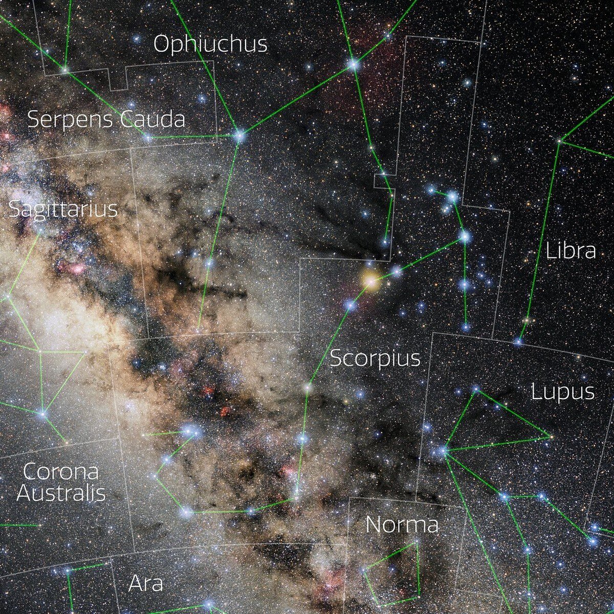 Night sky photo of Scorpius with red Antares against the Milky Way