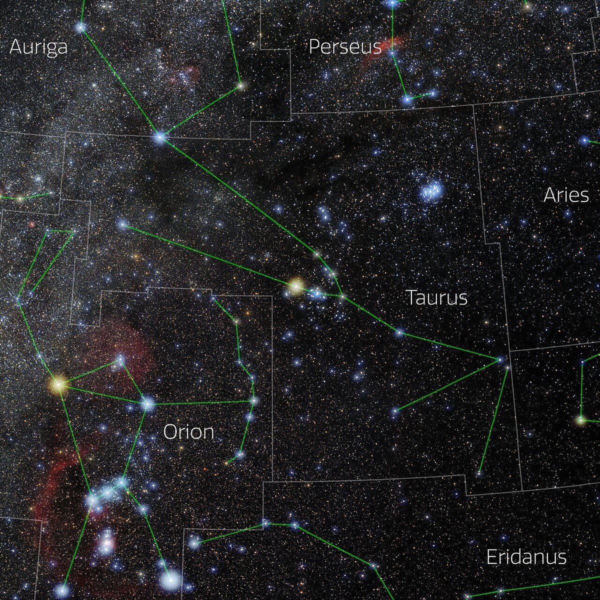 Night sky photo of Taurus with orange Aldebaran and the Pleiades cluster above Orion