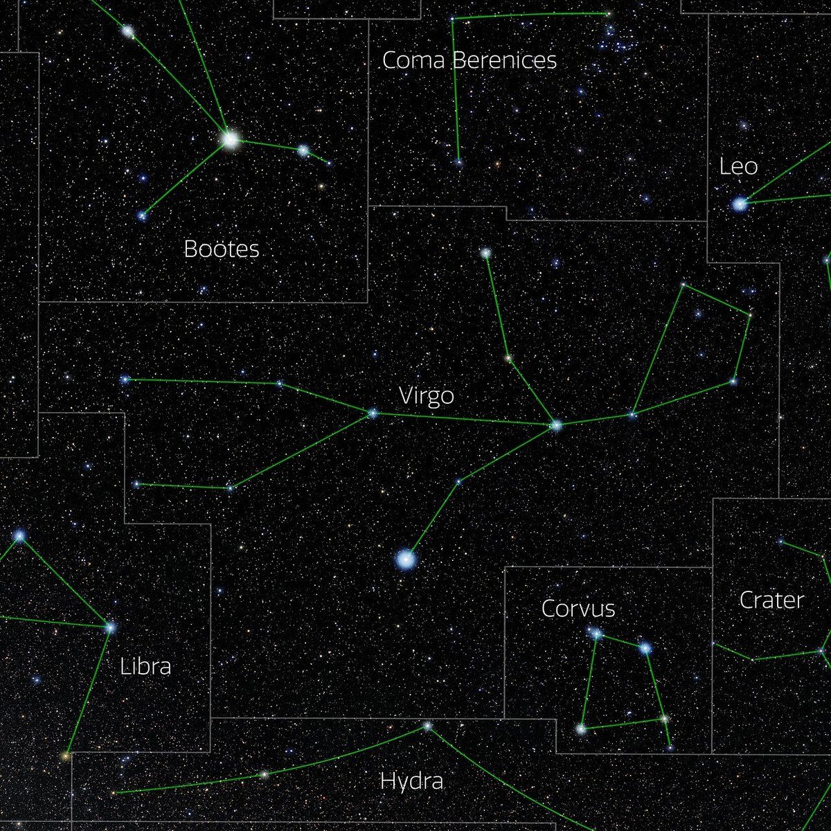 Night sky photo of Virgo with bright blue-white Spica